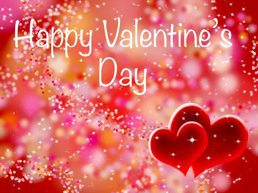 Happy Valentine's Day text with two red hearts