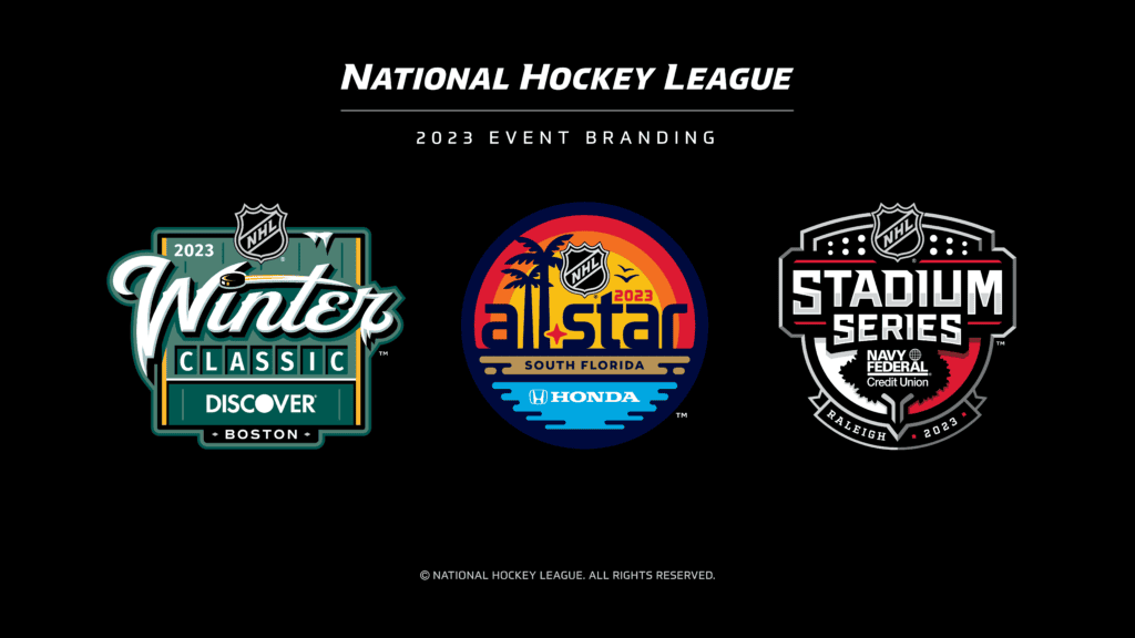 Three NHL event logos displayed on black